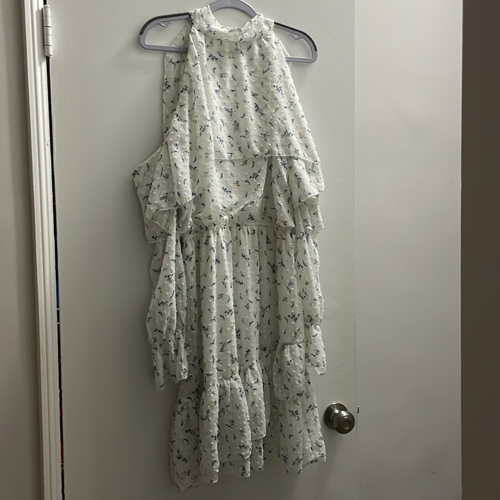 Fashion Poet clip dot cold shoulder ruffle long sleeve dress in white multicolor